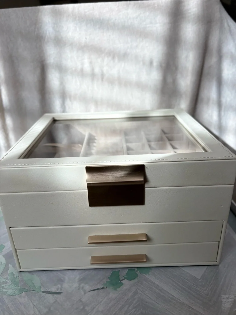 SONGMICS beige  Glass Top Jewelry Box Organizer 2 Drawers Gold Hardware